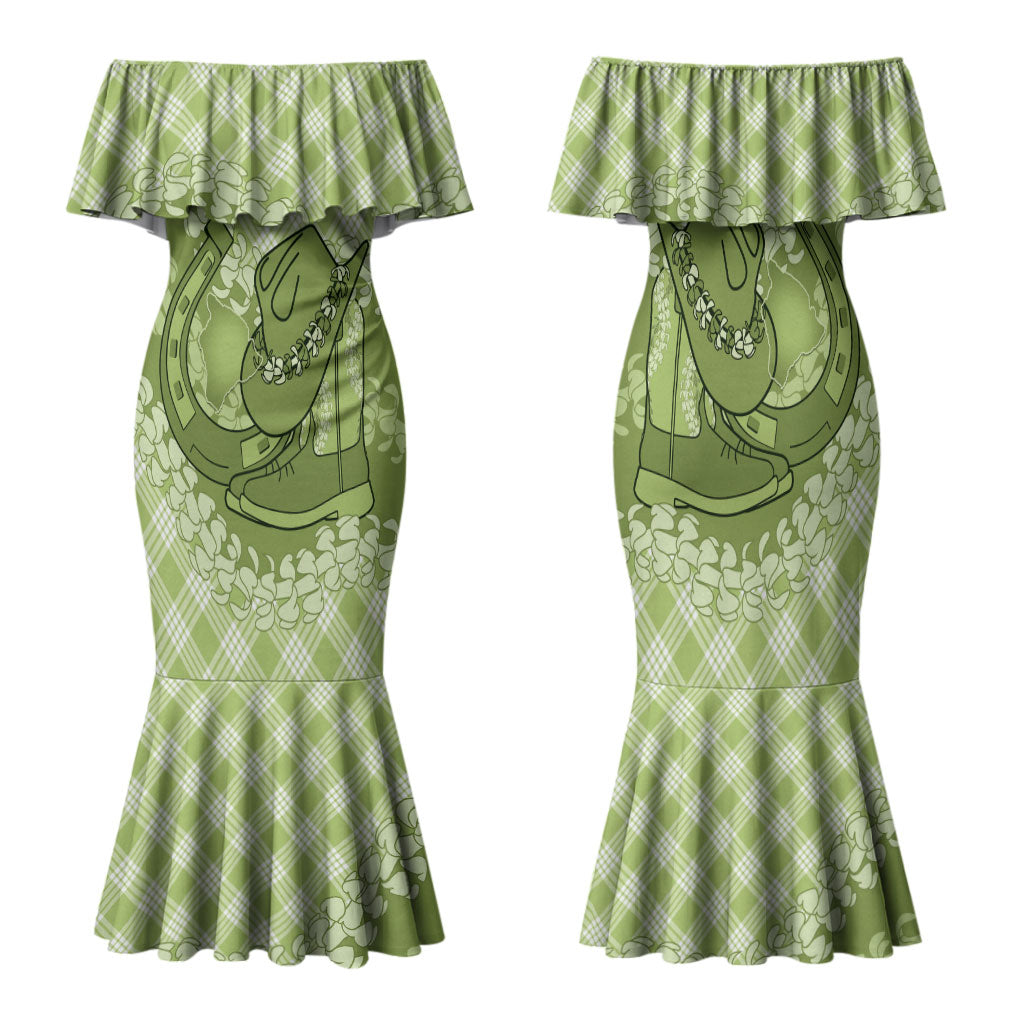 Omaomao Hawaii Cowboy Palaka Motifs Personalised Family Matching Mermaid Dress and Hawaiian Shirt Paniolo Festival Puakenikeni Lei LT14 Mom's Dress Green - Polynesian Pride