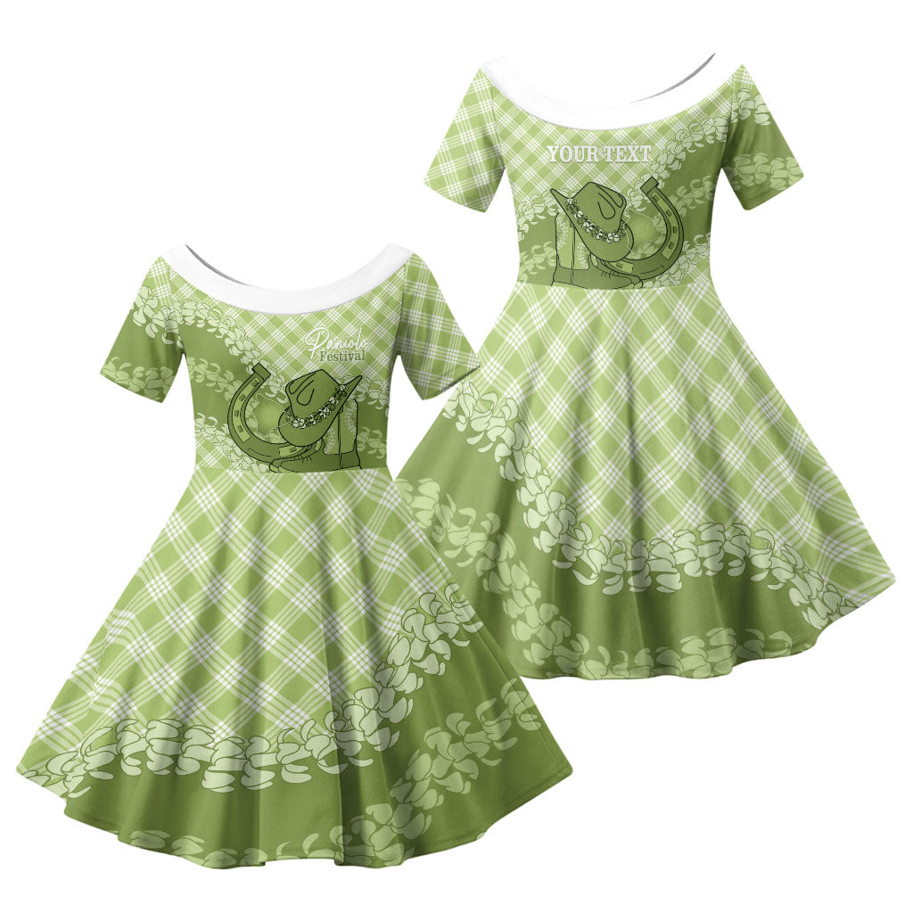 Omaomao Hawaii Cowboy Palaka Motifs Personalised Family Matching Mermaid Dress and Hawaiian Shirt Paniolo Festival Puakenikeni Lei LT14 Daughter's Dress Green - Polynesian Pride