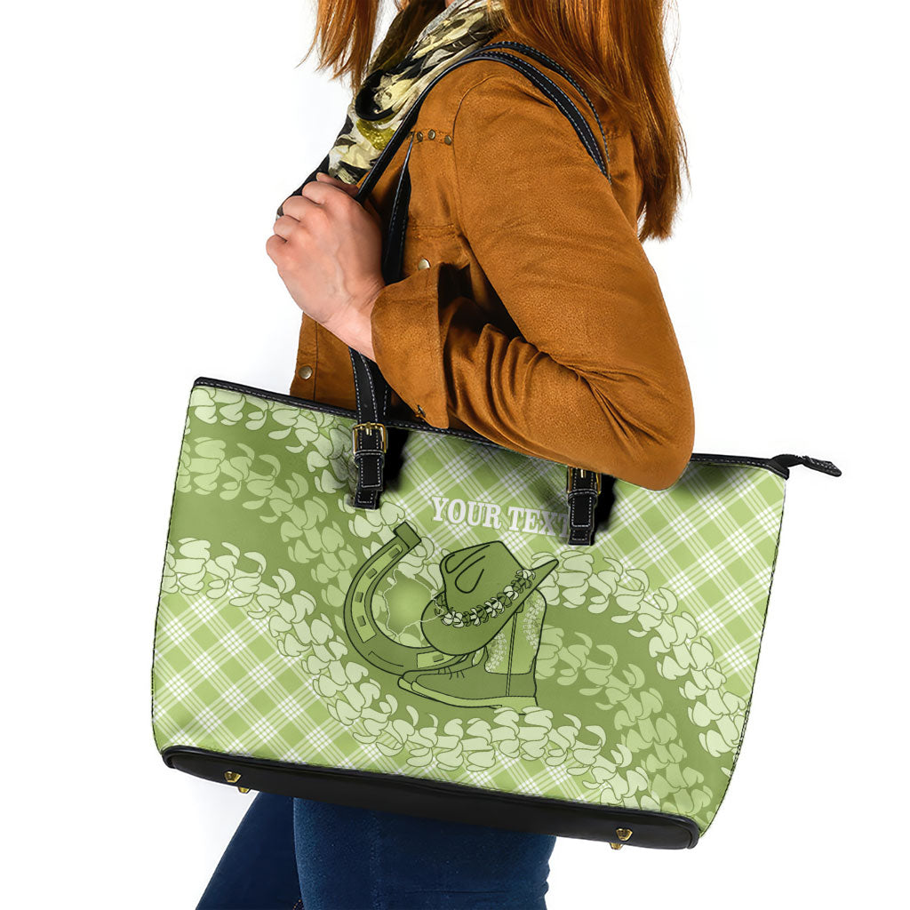 Omaomao Hawaii Cowboy Palaka Motifs Personalised Leather Tote Bag Paniolo Festival Puakenikeni Lei LT14 Green - Polynesian Pride