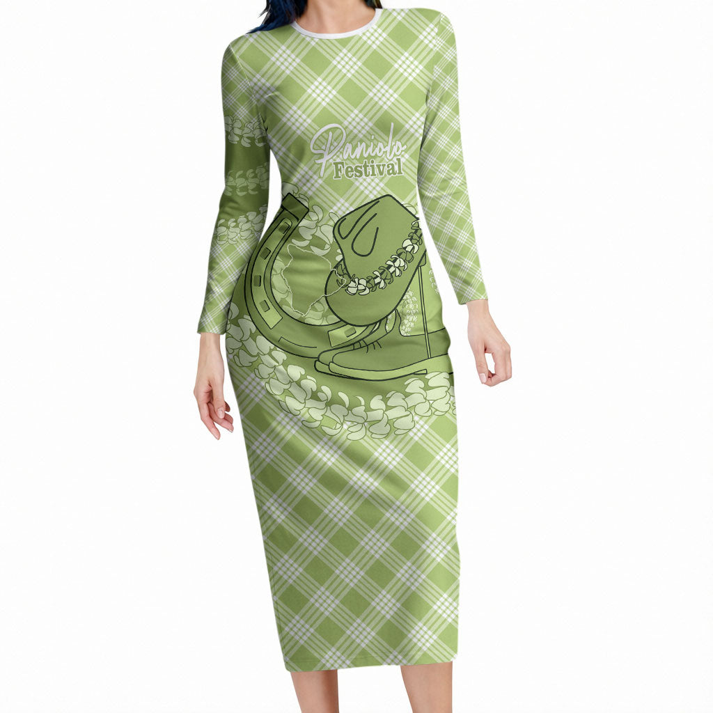 Omaomao Hawaii Cowboy Palaka Motifs Personalised Long Sleeve Bodycon Dress Paniolo Festival Puakenikeni Lei LT14 Long Dress Green - Polynesian Pride