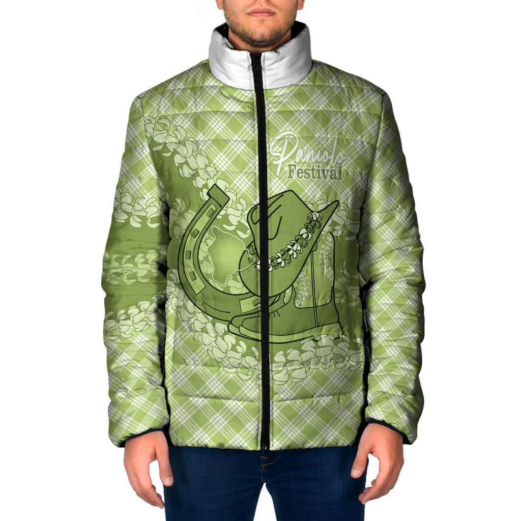 Omaomao Hawaii Cowboy Palaka Motifs Personalised Padded Jacket Paniolo Festival Puakenikeni Lei LT14 Men Green - Polynesian Pride