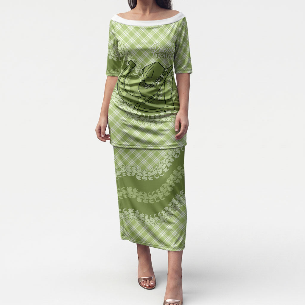 Omaomao Hawaii Cowboy Palaka Motifs Personalised Puletasi Paniolo Festival Puakenikeni Lei LT14 Long Dress Green - Polynesian Pride