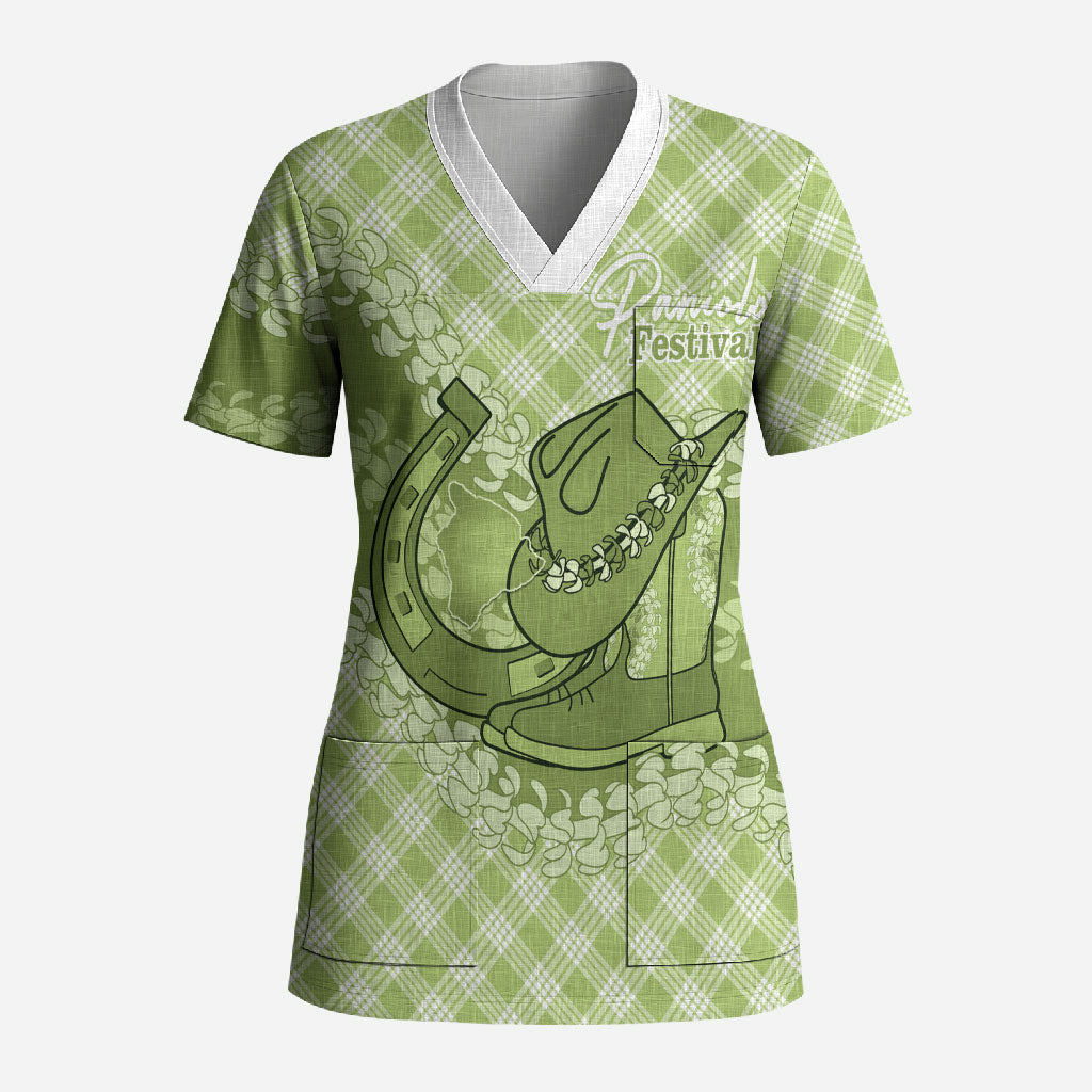 Omaomao Hawaii Cowboy Palaka Motifs Personalised Scrub Top Paniolo Festival Puakenikeni Lei LT14 Adult Green - Polynesian Pride