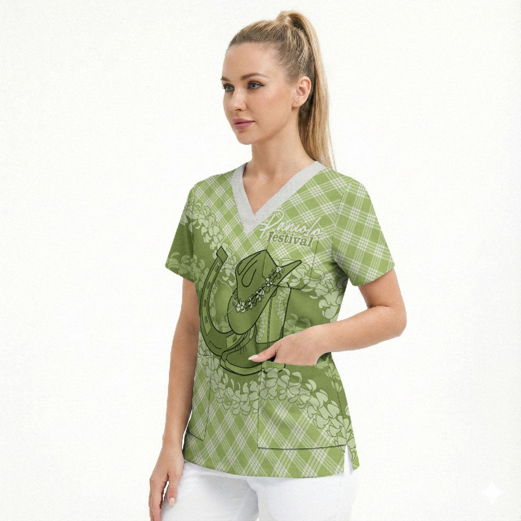 Omaomao Hawaii Cowboy Palaka Motifs Personalised Scrub Top Paniolo Festival Puakenikeni Lei LT14 - Polynesian Pride