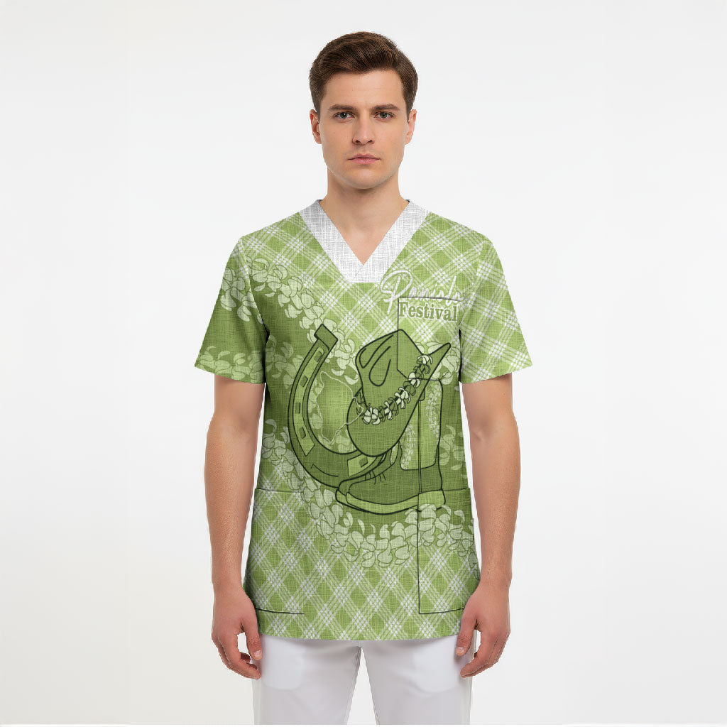 Omaomao Hawaii Cowboy Palaka Motifs Personalised Scrub Top Paniolo Festival Puakenikeni Lei LT14 - Polynesian Pride