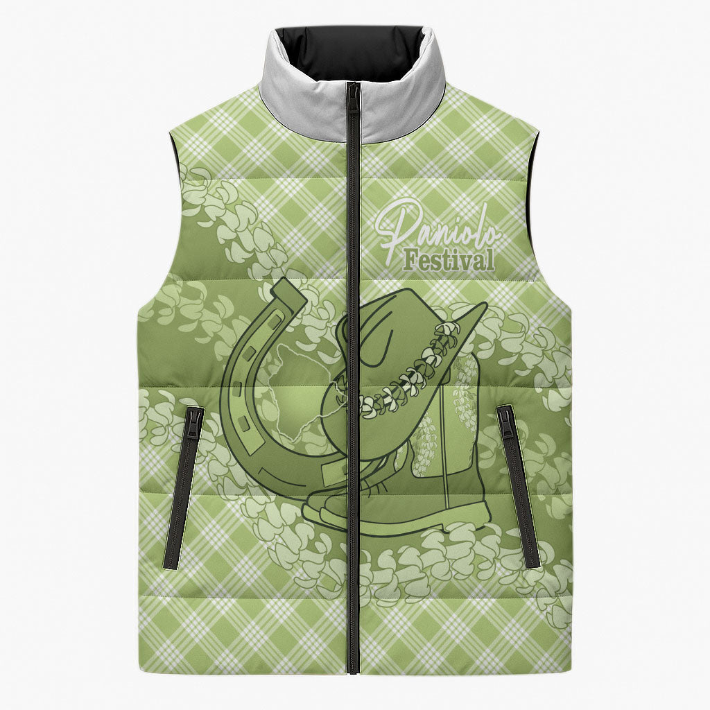 Omaomao Hawaii Cowboy Palaka Motifs Personalised Sleeveless Puffer Jacket Paniolo Festival Puakenikeni Lei