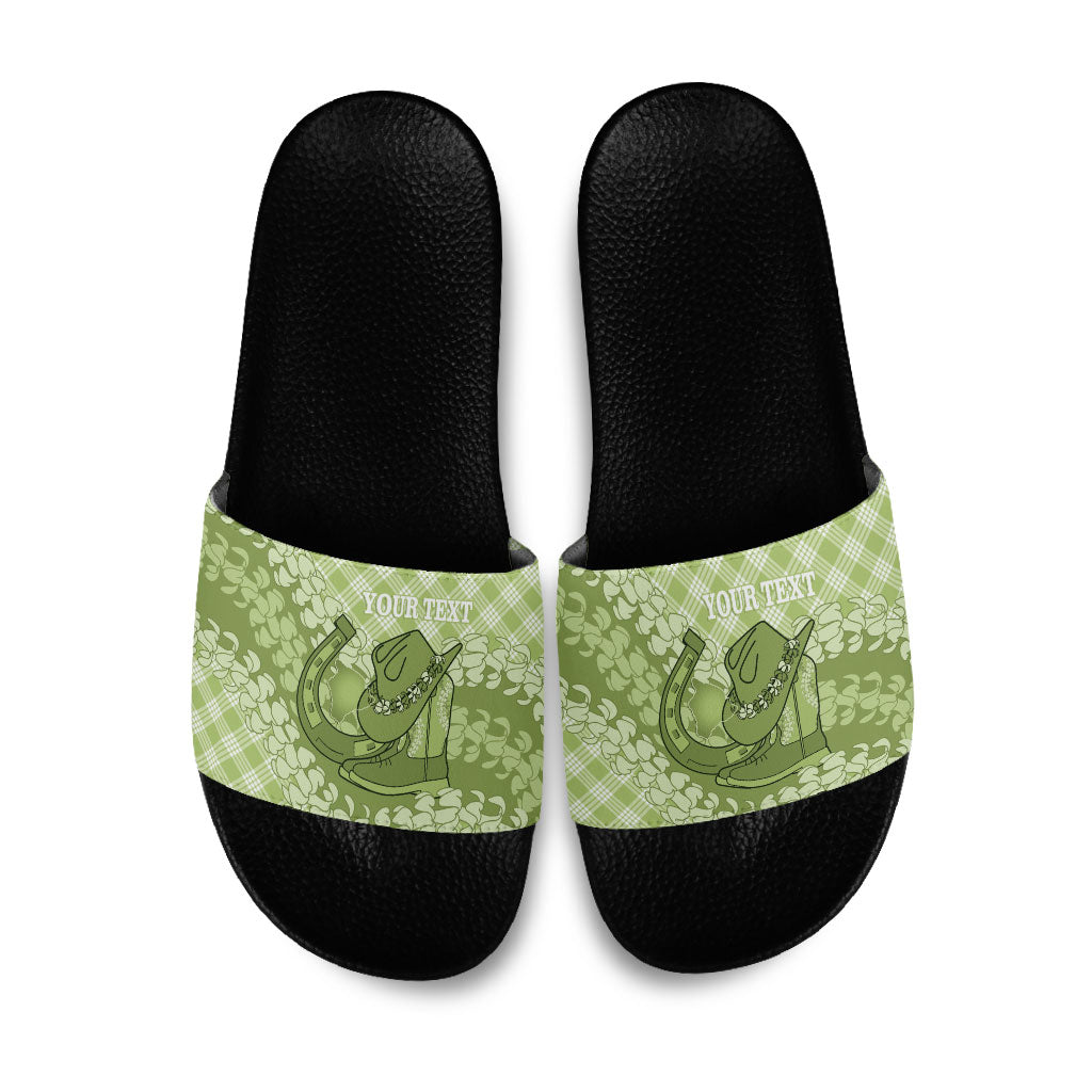 Omaomao Hawaii Cowboy Palaka Motifs Personalised Slide Sandals Paniolo Festival Puakenikeni Lei LT14 Green - Polynesian Pride