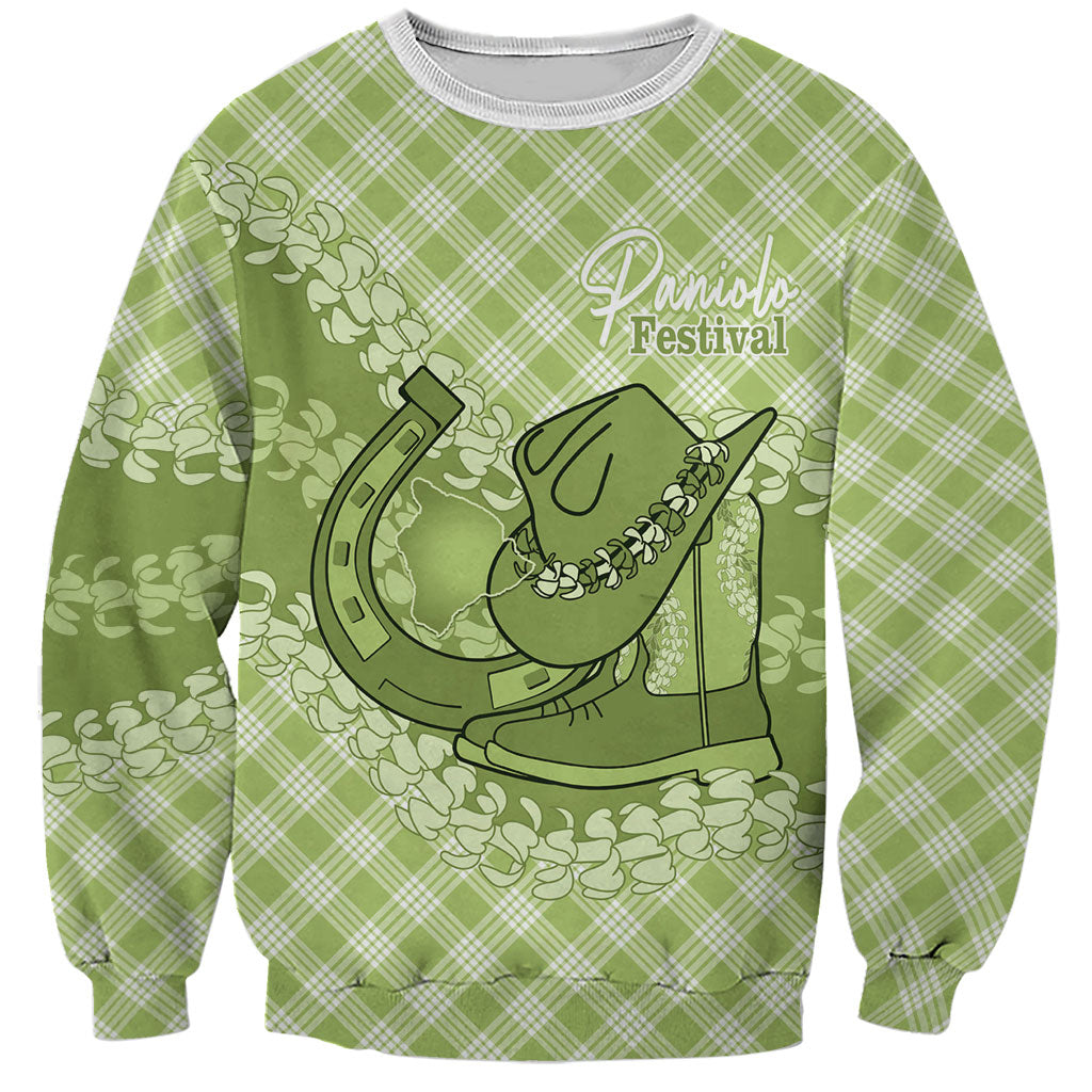 Omaomao Hawaii Cowboy Palaka Motifs Personalised Sweatshirt Paniolo Festival Puakenikeni Lei LT14 Unisex Green - Polynesian Pride