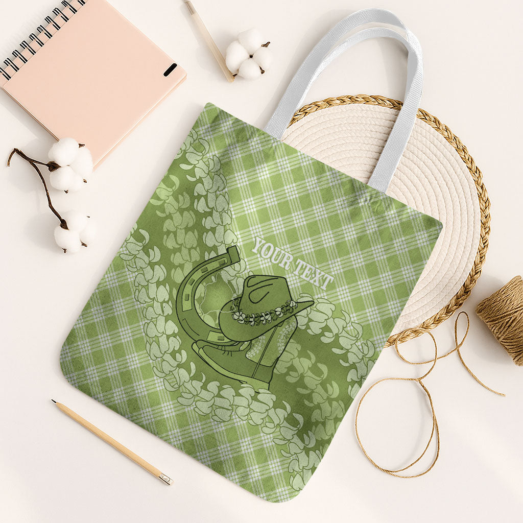 Omaomao Hawaii Cowboy Palaka Motifs Personalised Tote Bag Paniolo Festival Puakenikeni Lei LT14 White Strap One Size Green - Polynesian Pride