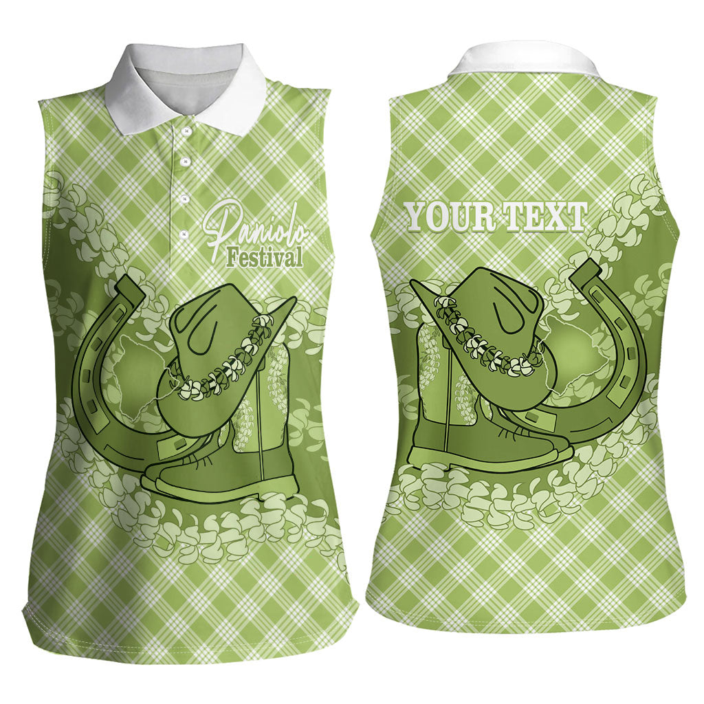 Omaomao Hawaii Cowboy Palaka Motifs Personalised Women Sleeveless Polo Shirt Paniolo Festival Puakenikeni Lei LT14 - Polynesian Pride