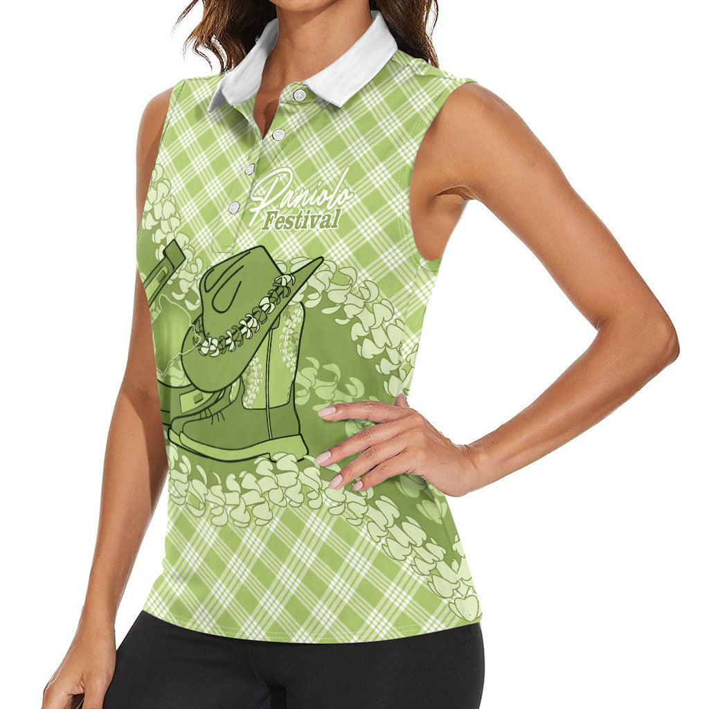 Omaomao Hawaii Cowboy Palaka Motifs Personalised Women Sleeveless Polo Shirt Paniolo Festival Puakenikeni Lei LT14 - Polynesian Pride