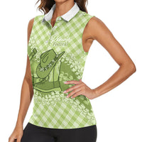Omaomao Hawaii Cowboy Palaka Motifs Personalised Women Sleeveless Polo Shirt Paniolo Festival Puakenikeni Lei LT14 - Polynesian Pride