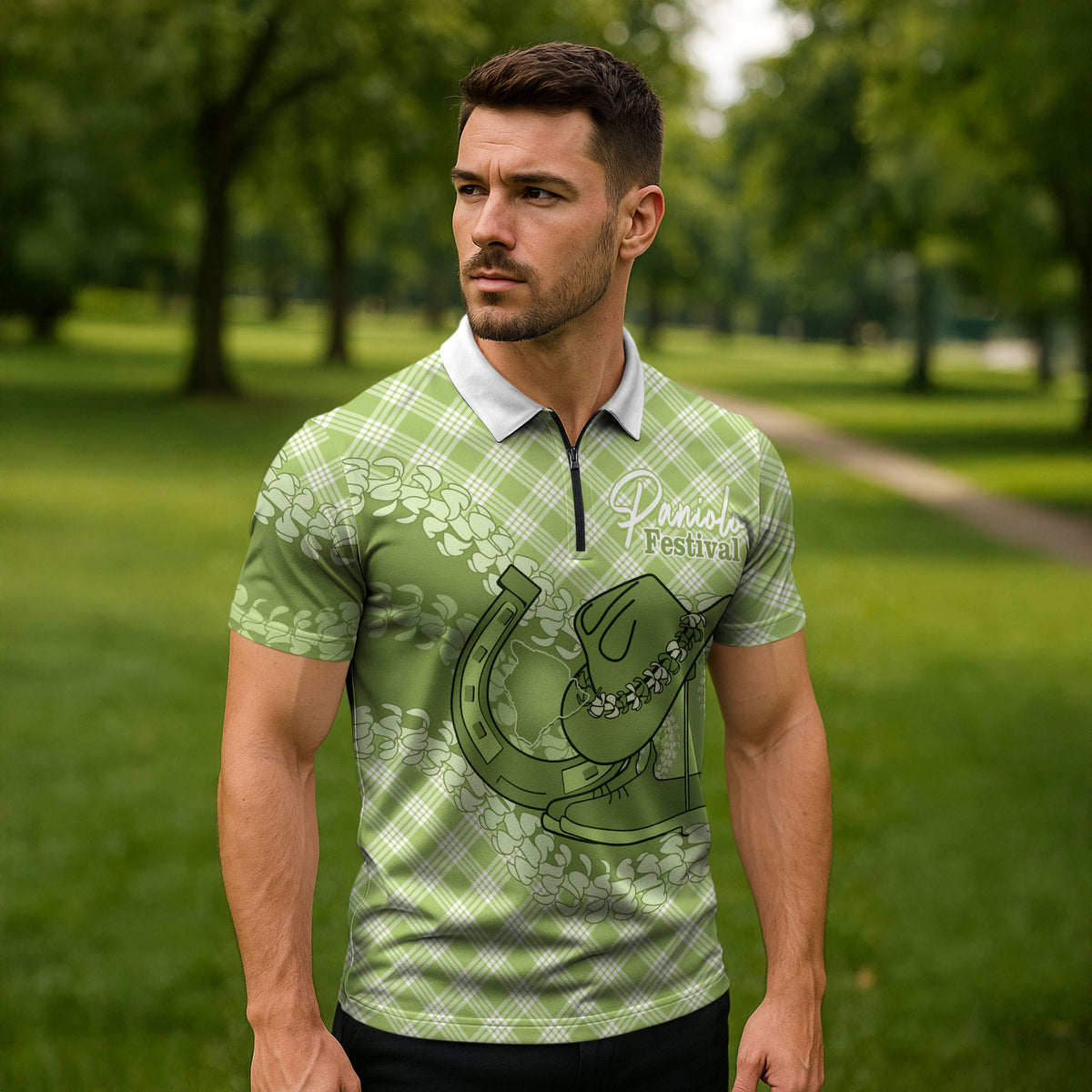 Omaomao Hawaii Cowboy Palaka Motifs Personalised Zipper Polo Shirt Paniolo Festival Puakenikeni Lei LT14 - Polynesian Pride