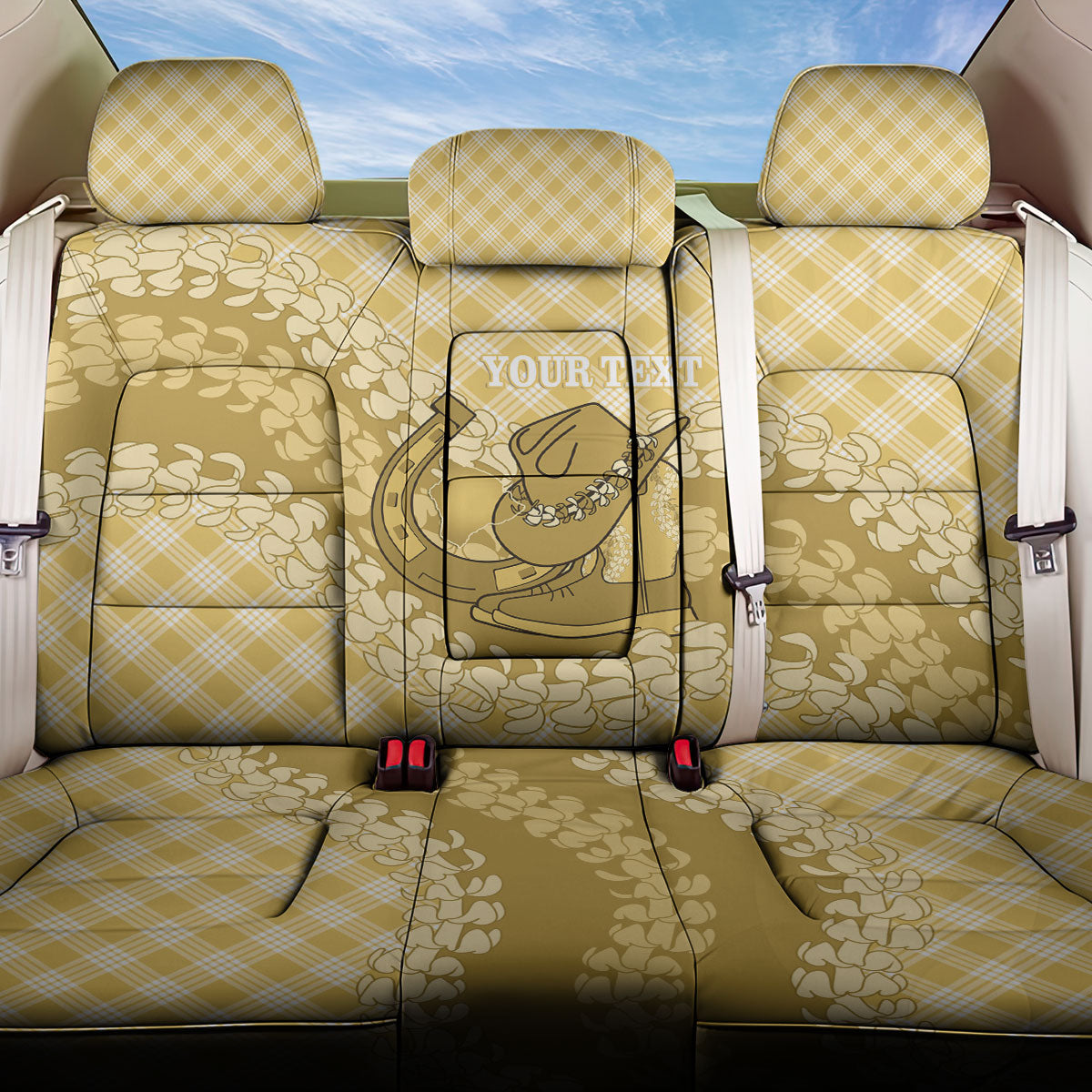 Melemele Hawaii Cowboy Palaka Motifs Personalised Back Car Seat Cover Paniolo Festival Puakenikeni Lei LT14 One Size Yellow - Polynesian Pride