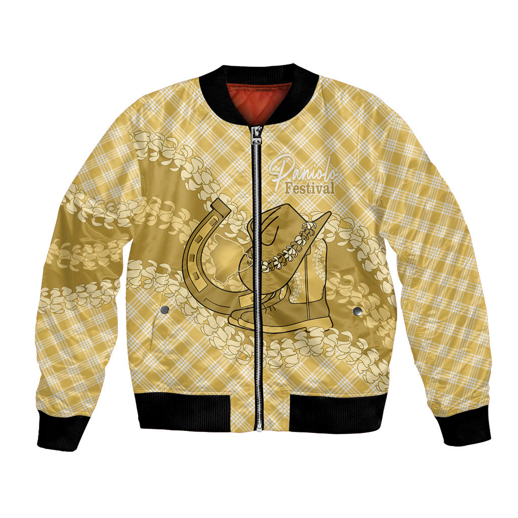 Melemele Hawaii Cowboy Palaka Motifs Personalised Bomber Jacket Paniolo Festival Puakenikeni Lei