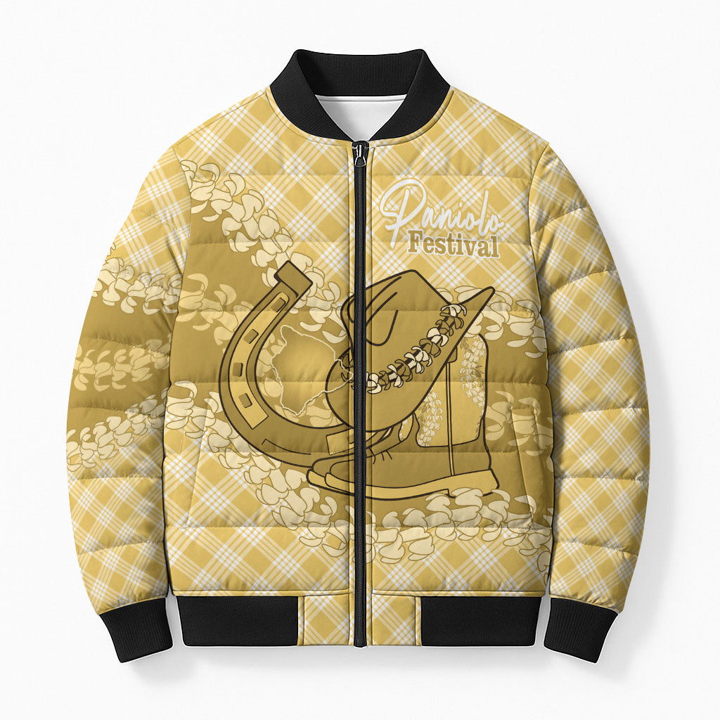 Melemele Hawaii Cowboy Palaka Motifs Personalised Bomber Puffer Jacket Paniolo Festival Puakenikeni Lei