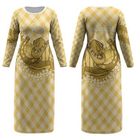 Melemele Hawaii Cowboy Palaka Motifs Personalised Couples Matching Long Sleeve Bodycon Dress and Long Sleeve Button Shirt Paniolo Festival Puakenikeni Lei LT14 - Polynesian Pride
