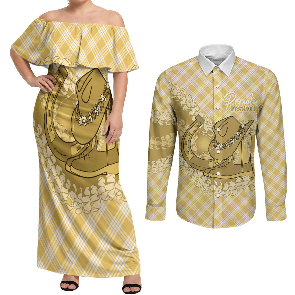 Melemele Hawaii Cowboy Palaka Motifs Personalised Couples Matching Off Shoulder Maxi Dress and Long Sleeve Button Shirt Paniolo Festival Puakenikeni Lei LT14 Yellow - Polynesian Pride
