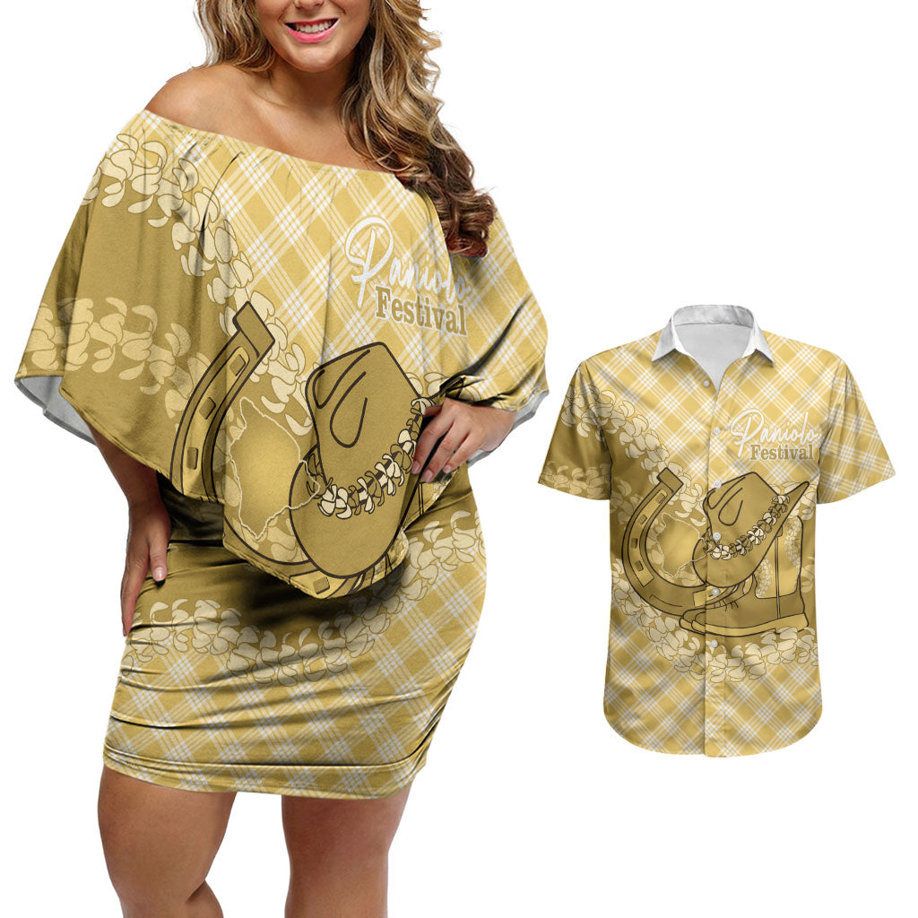 Melemele Hawaii Cowboy Palaka Motifs Personalised Couples Matching Off Shoulder Short Dress and Hawaiian Shirt Paniolo Festival Puakenikeni Lei LT14 Yellow - Polynesian Pride
