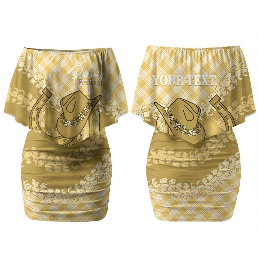 Melemele Hawaii Cowboy Palaka Motifs Personalised Couples Matching Off Shoulder Short Dress and Hawaiian Shirt Paniolo Festival Puakenikeni Lei LT14 - Polynesian Pride
