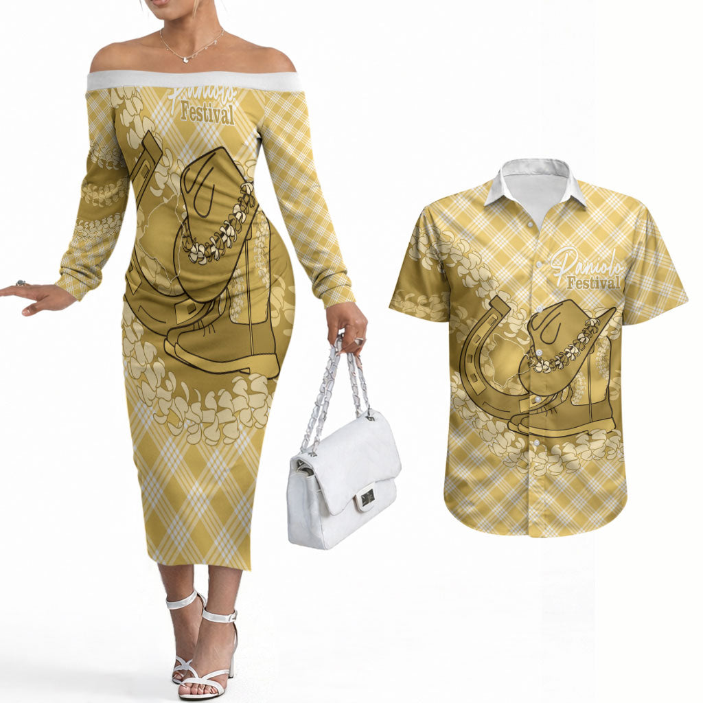 Melemele Hawaii Cowboy Palaka Motifs Personalised Couples Matching Off The Shoulder Long Sleeve Dress and Hawaiian Shirt Paniolo Festival Puakenikeni Lei LT14 Yellow - Polynesian Pride