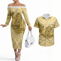 Melemele Hawaii Cowboy Palaka Motifs Personalised Couples Matching Off The Shoulder Long Sleeve Dress and Hawaiian Shirt Paniolo Festival Puakenikeni Lei LT14 Yellow - Polynesian Pride