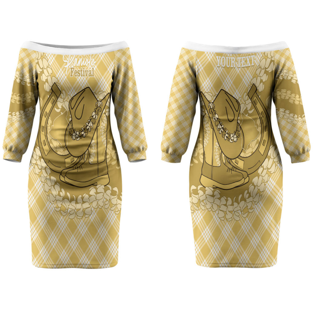 Melemele Hawaii Cowboy Palaka Motifs Personalised Couples Matching Off The Shoulder Long Sleeve Dress and Hawaiian Shirt Paniolo Festival Puakenikeni Lei LT14 - Polynesian Pride