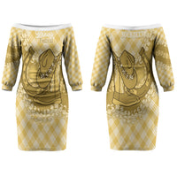 Melemele Hawaii Cowboy Palaka Motifs Personalised Couples Matching Off The Shoulder Long Sleeve Dress and Hawaiian Shirt Paniolo Festival Puakenikeni Lei LT14 - Polynesian Pride