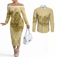 Melemele Hawaii Cowboy Palaka Motifs Personalised Couples Matching Off The Shoulder Long Sleeve Dress and Long Sleeve Button Shirt Paniolo Festival Puakenikeni Lei LT14 Yellow - Polynesian Pride