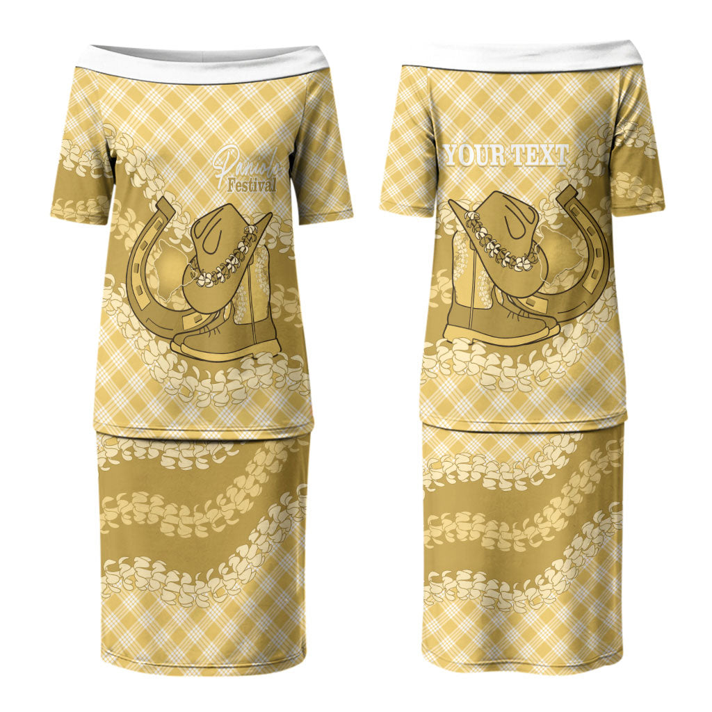 Melemele Hawaii Cowboy Palaka Motifs Personalised Couples Matching Puletasi and Long Sleeve Button Shirt Paniolo Festival Puakenikeni Lei LT14 - Polynesian Pride
