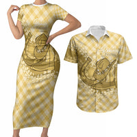 Melemele Hawaii Cowboy Palaka Motifs Personalised Couples Matching Short Sleeve Bodycon Dress and Hawaiian Shirt Paniolo Festival Puakenikeni Lei LT14 Yellow - Polynesian Pride