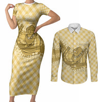Melemele Hawaii Cowboy Palaka Motifs Personalised Couples Matching Short Sleeve Bodycon Dress and Long Sleeve Button Shirt Paniolo Festival Puakenikeni Lei LT14 Yellow - Polynesian Pride