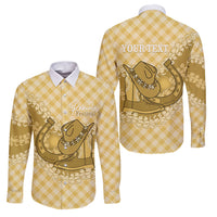 Melemele Hawaii Cowboy Palaka Motifs Personalised Family Matching Off Shoulder Maxi Dress and Hawaiian Shirt Paniolo Festival Puakenikeni Lei LT14 Dad's Shirt - Long Sleeve Yellow - Polynesian Pride