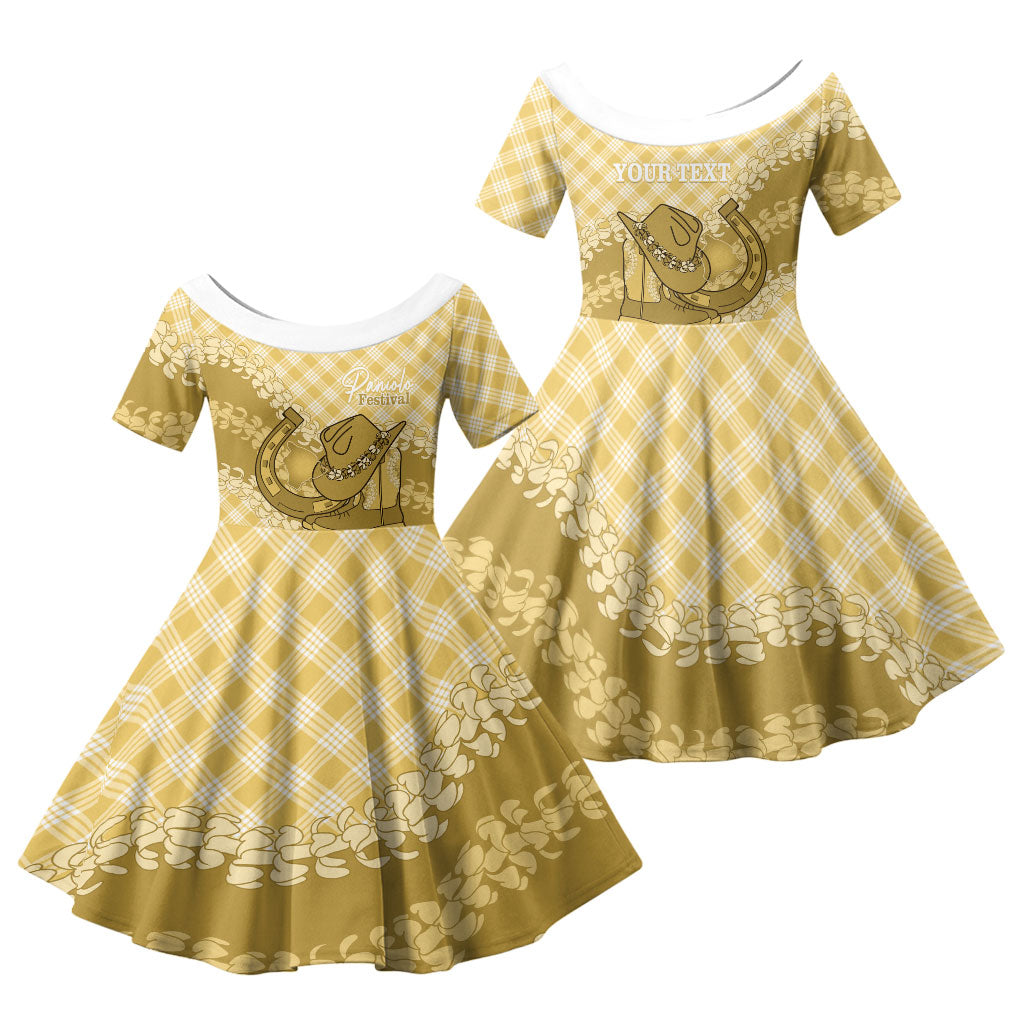 Melemele Hawaii Cowboy Palaka Motifs Personalised Family Matching Off Shoulder Maxi Dress and Hawaiian Shirt Paniolo Festival Puakenikeni Lei LT14 Daughter's Dress Yellow - Polynesian Pride