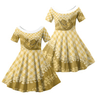 Melemele Hawaii Cowboy Palaka Motifs Personalised Family Matching Puletasi and Hawaiian Shirt Paniolo Festival Puakenikeni Lei LT14 Daughter's Dress Yellow - Polynesian Pride