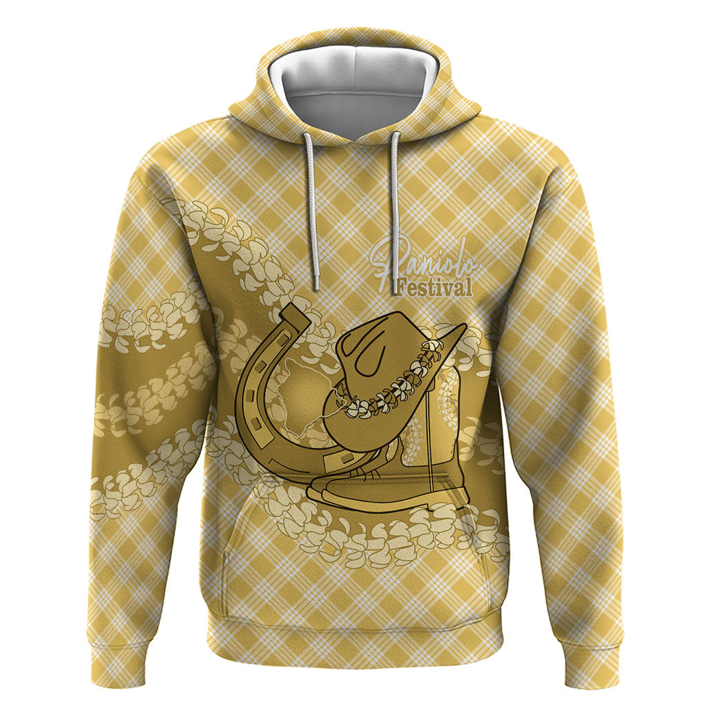 Melemele Hawaii Cowboy Palaka Motifs Personalised Hoodie Paniolo Festival Puakenikeni Lei