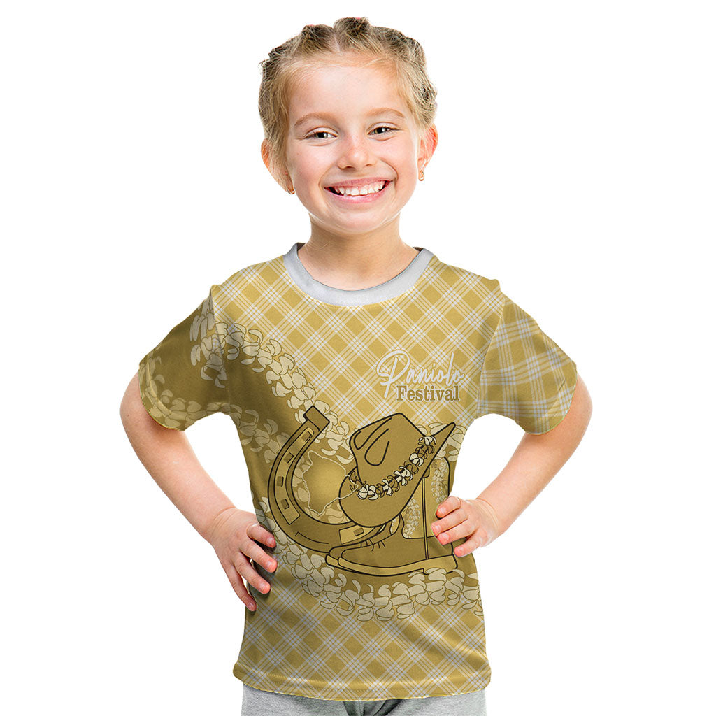 Melemele Hawaii Cowboy Palaka Motifs Personalised Kid T Shirt Paniolo Festival Puakenikeni Lei