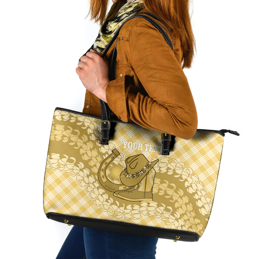 Melemele Hawaii Cowboy Palaka Motifs Personalised Leather Tote Bag Paniolo Festival Puakenikeni Lei LT14 Yellow - Polynesian Pride