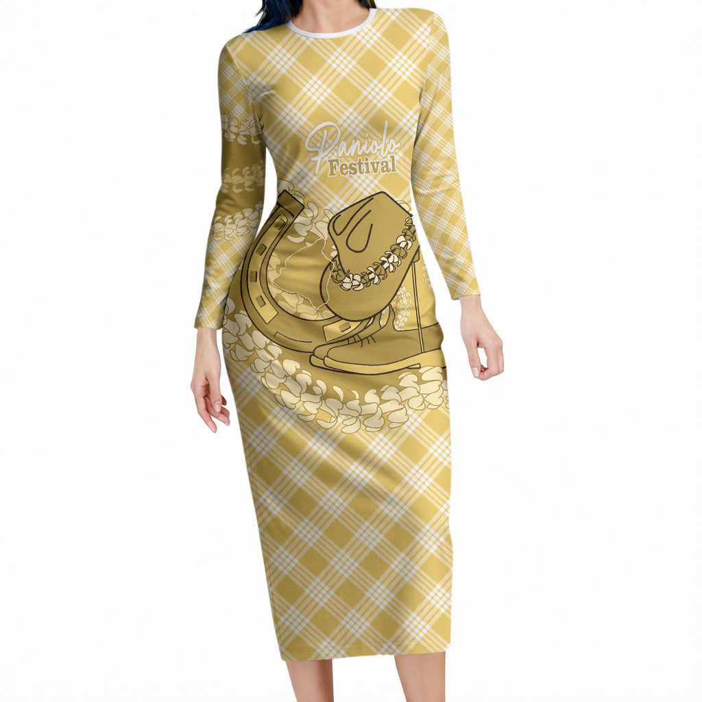 Melemele Hawaii Cowboy Palaka Motifs Personalised Long Sleeve Bodycon Dress Paniolo Festival Puakenikeni Lei LT14 Long Dress Yellow - Polynesian Pride