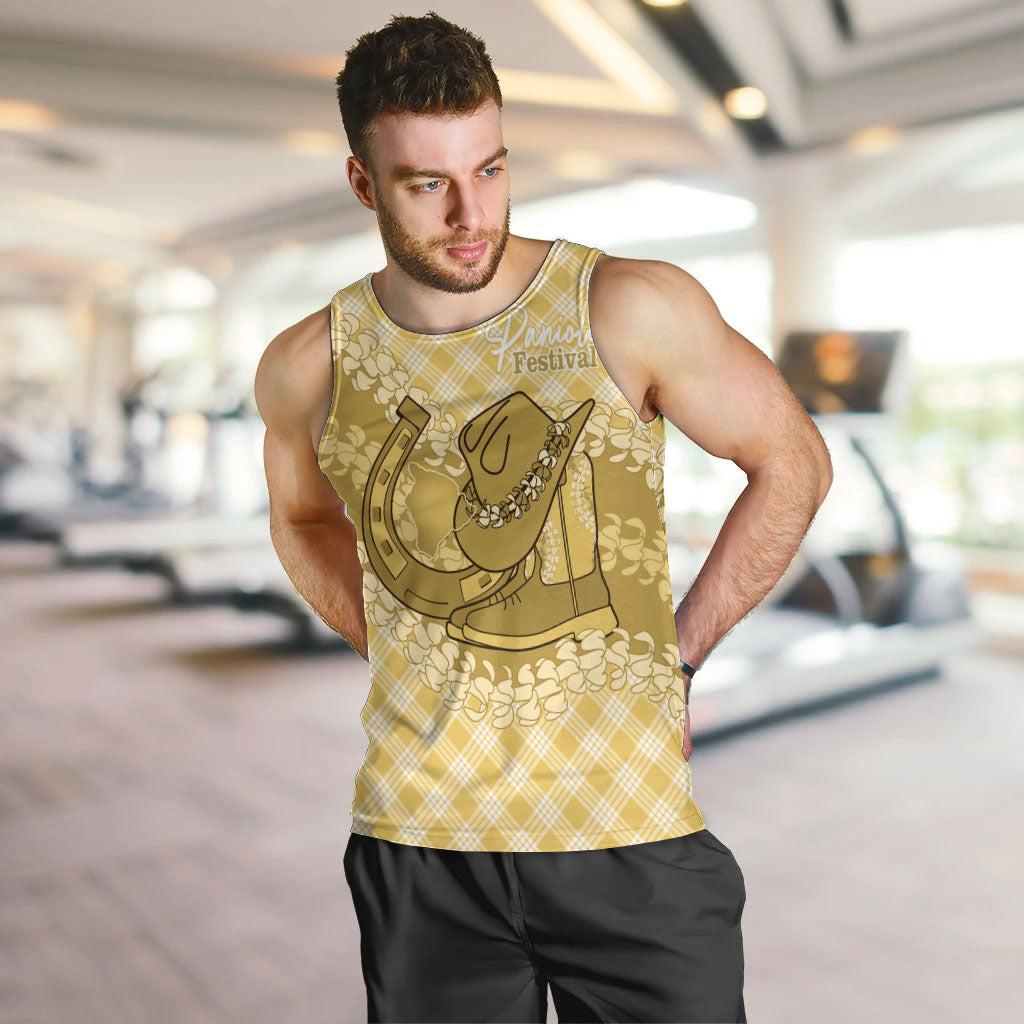 Melemele Hawaii Cowboy Palaka Motifs Personalised Men Tank Top Paniolo Festival Puakenikeni Lei LT14 Yellow - Polynesian Pride