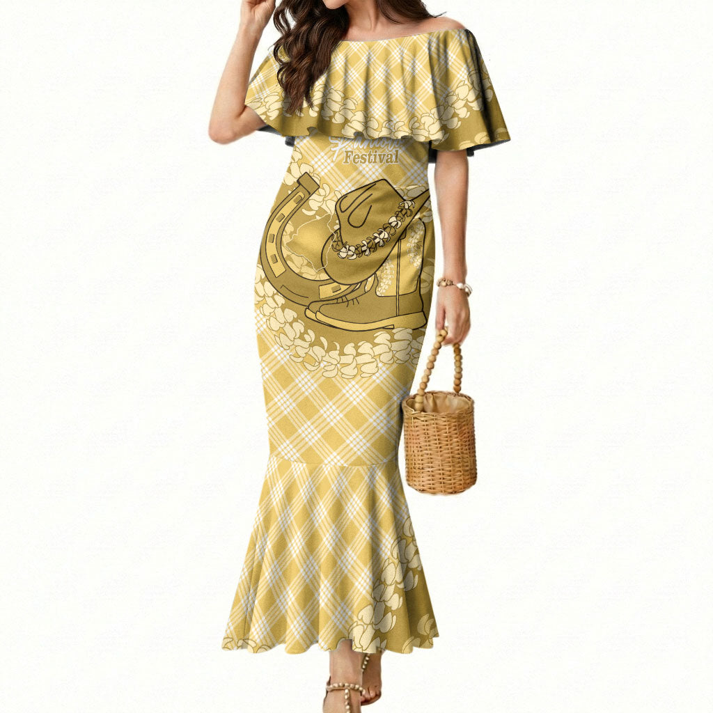 Melemele Hawaii Cowboy Palaka Motifs Personalised Mermaid Dress Paniolo Festival Puakenikeni Lei LT14 Women Yellow - Polynesian Pride