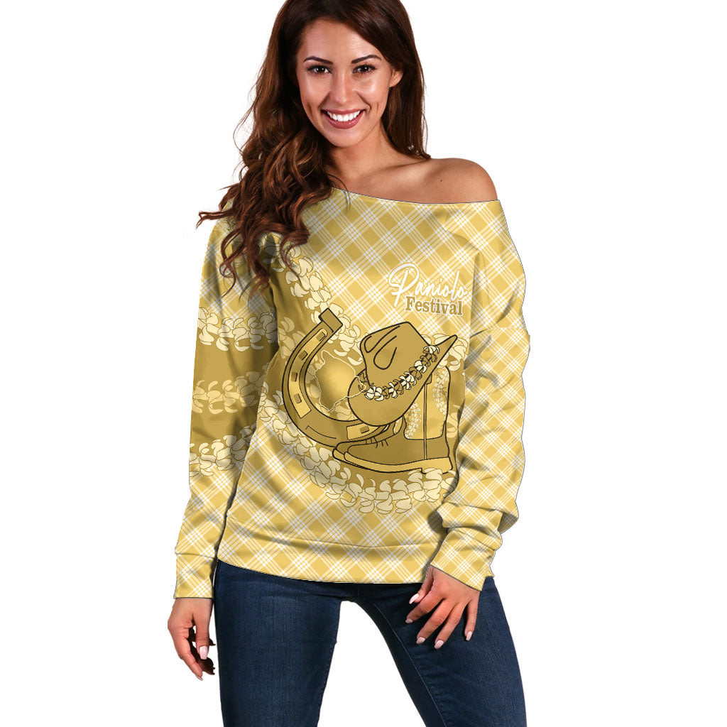Melemele Hawaii Cowboy Palaka Motifs Personalised Off Shoulder Sweater Paniolo Festival Puakenikeni Lei LT14 Women Yellow - Polynesian Pride