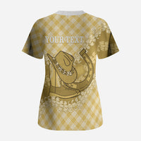 Melemele Hawaii Cowboy Palaka Motifs Personalised Scrub Top Paniolo Festival Puakenikeni Lei LT14 - Polynesian Pride