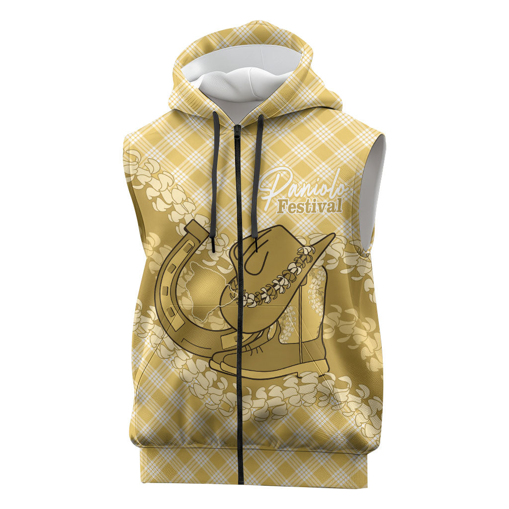 Melemele Hawaii Cowboy Palaka Motifs Personalised Sleeveless Zip Hoodie Paniolo Festival Puakenikeni Lei LT14 Yellow - Polynesian Pride