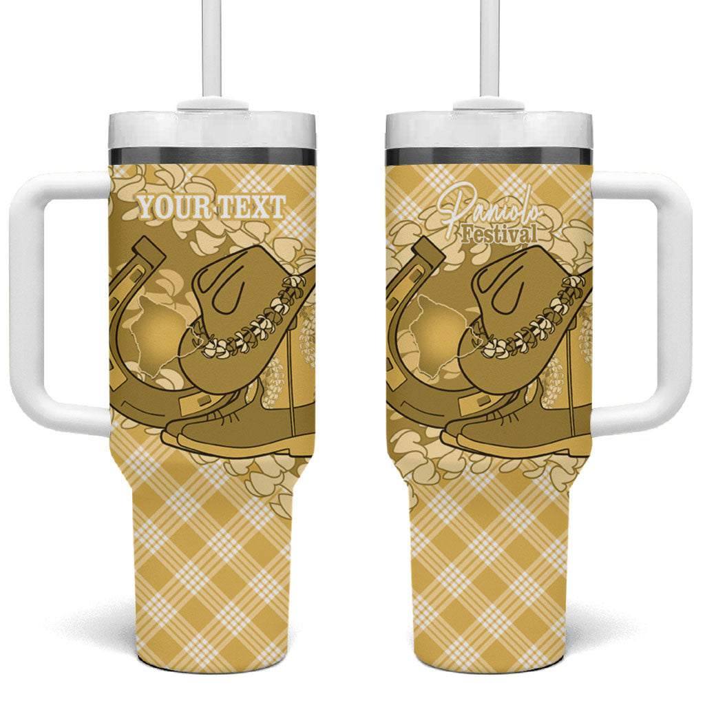 Melemele Hawaii Cowboy Palaka Motifs Personalised Tumbler With Handle Paniolo Festival Puakenikeni Lei LT14 One Size: 40 oz Yellow - Polynesian Pride