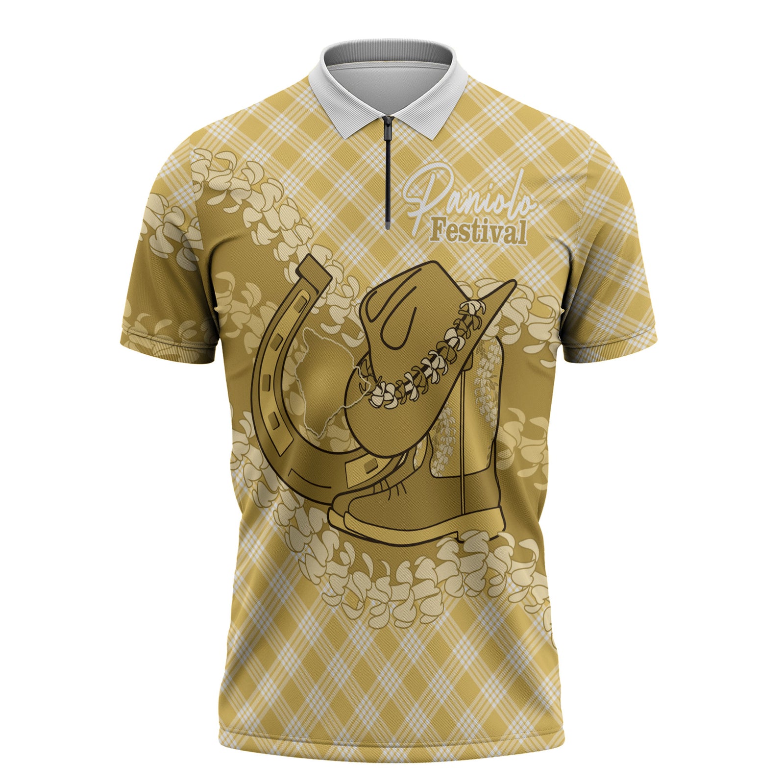 Melemele Hawaii Cowboy Palaka Motifs Personalised Zipper Polo Shirt Paniolo Festival Puakenikeni Lei LT14 Yellow - Polynesian Pride