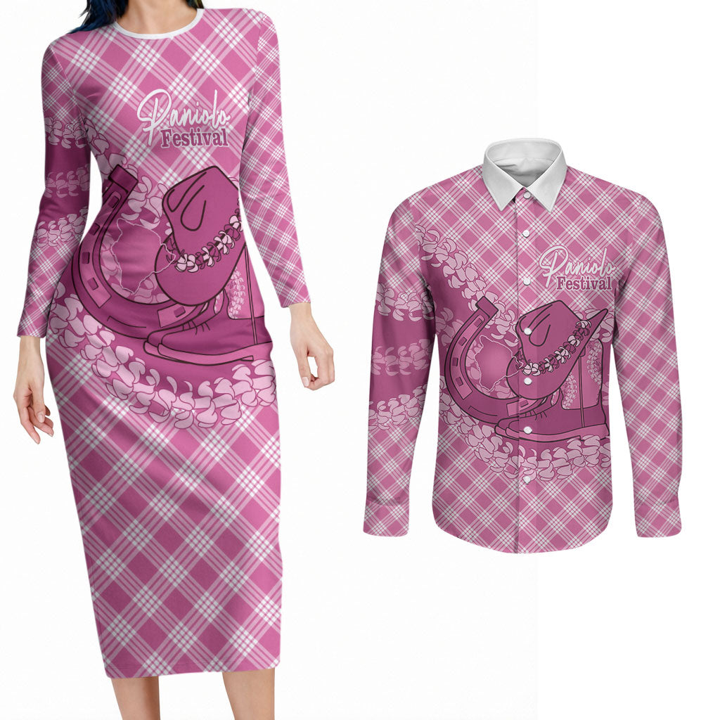Alaka Hawaii Cowboy Palaka Motifs Personalised Couples Matching Long Sleeve Bodycon Dress and Long Sleeve Button Shirt Paniolo Festival Puakenikeni Lei LT14 Pink - Polynesian Pride