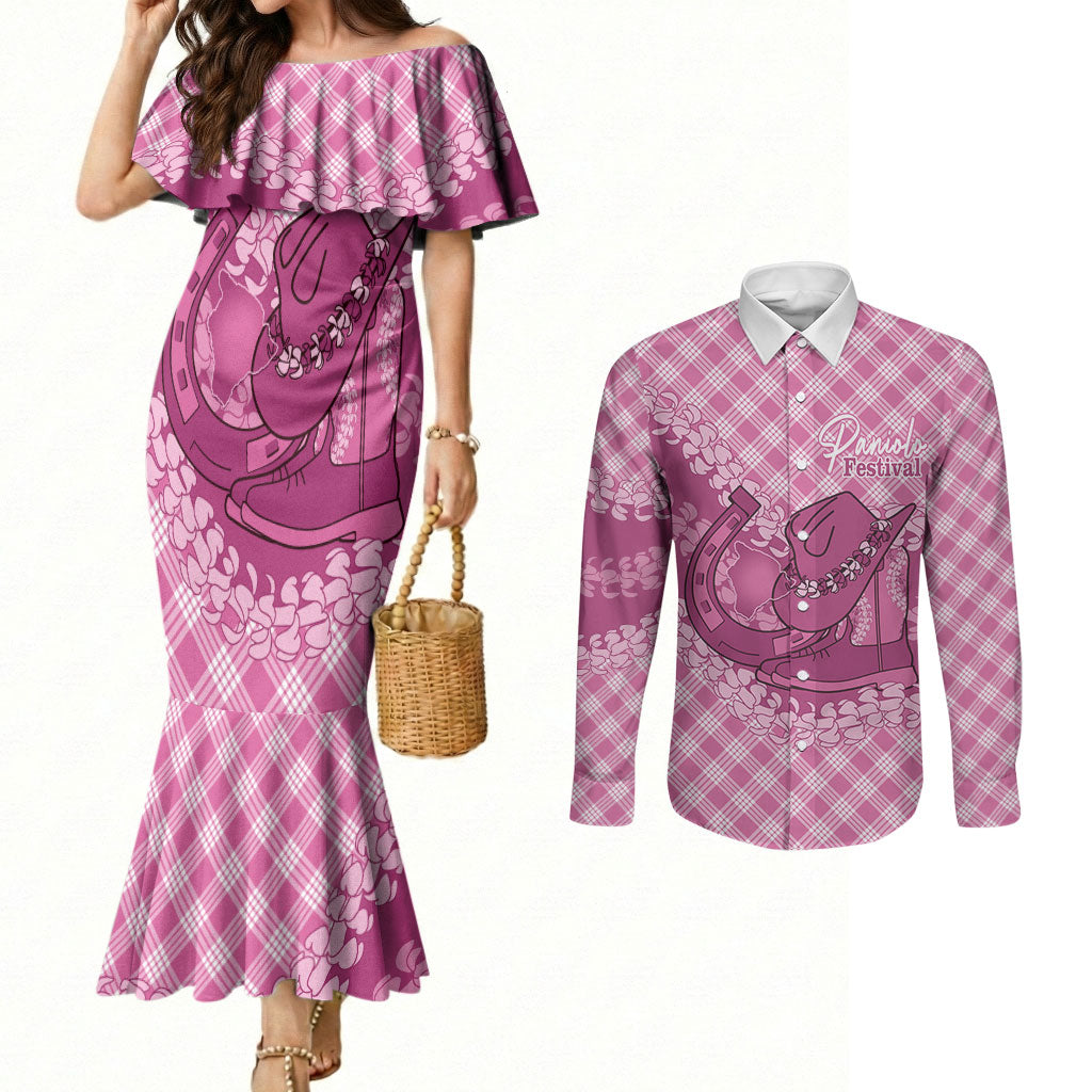 Alaka Hawaii Cowboy Palaka Motifs Personalised Couples Matching Mermaid Dress and Long Sleeve Button Shirt Paniolo Festival Puakenikeni Lei LT14 Pink - Polynesian Pride