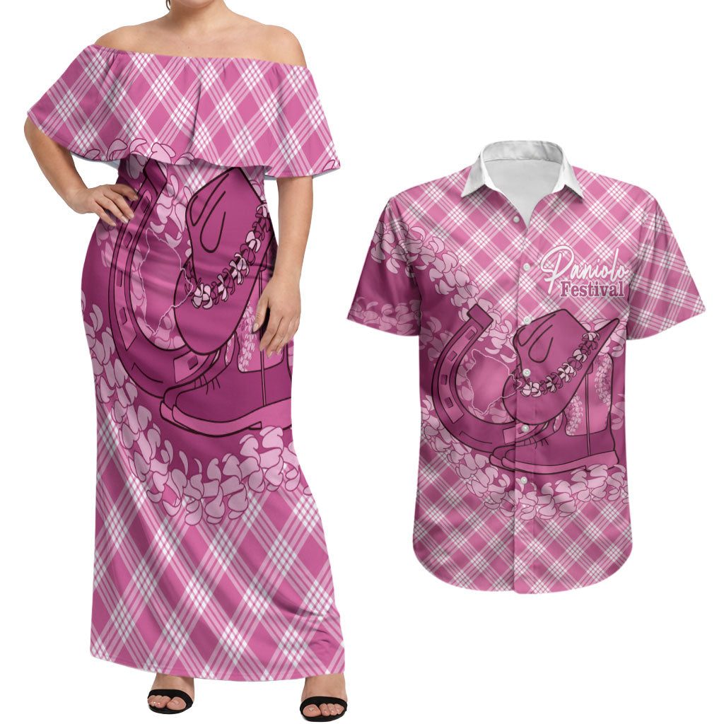 Alaka Hawaii Cowboy Palaka Motifs Personalised Couples Matching Off Shoulder Maxi Dress and Hawaiian Shirt Paniolo Festival Puakenikeni Lei LT14 Pink - Polynesian Pride