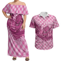 Alaka Hawaii Cowboy Palaka Motifs Personalised Couples Matching Off Shoulder Maxi Dress and Hawaiian Shirt Paniolo Festival Puakenikeni Lei LT14 Pink - Polynesian Pride